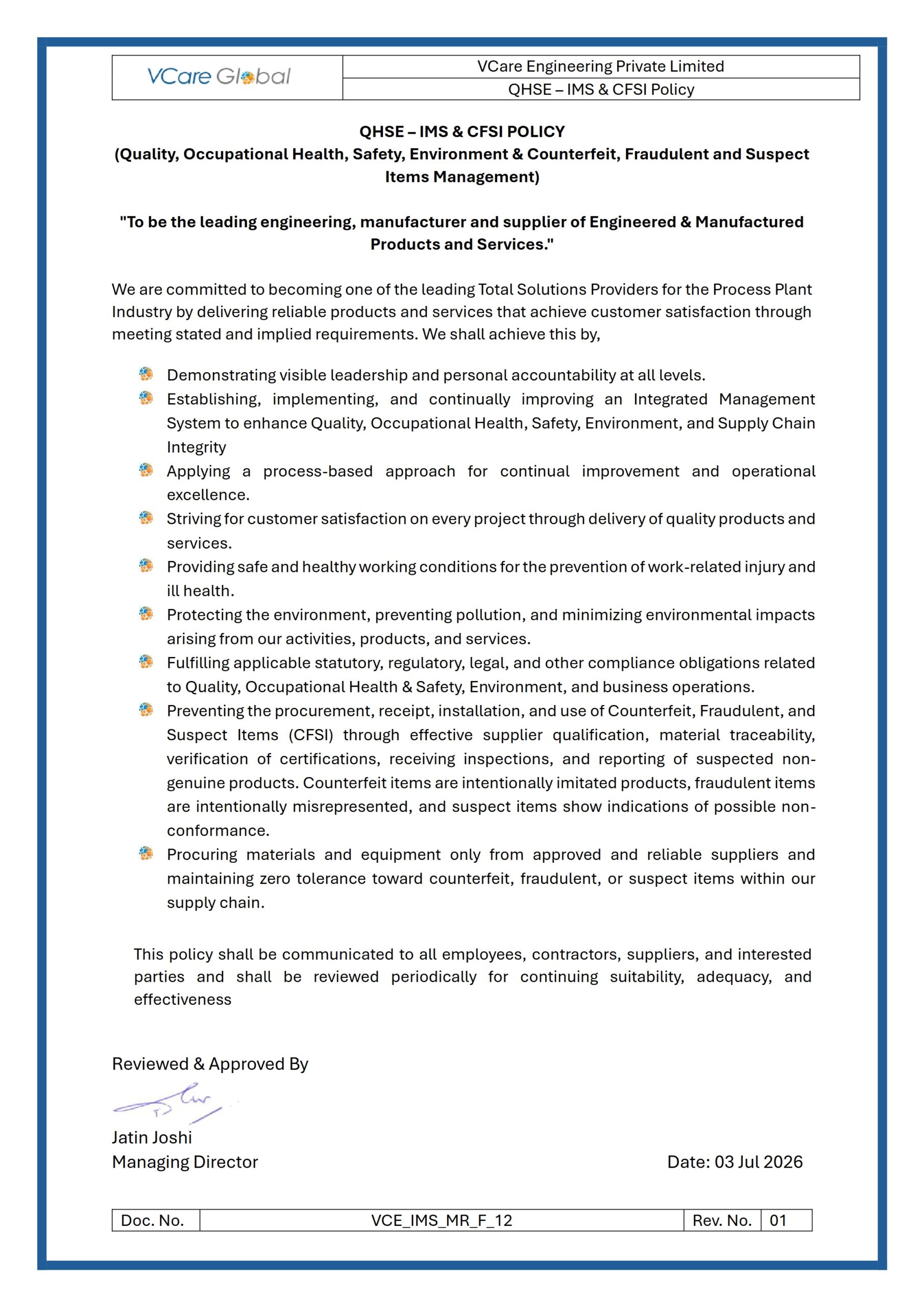 IMS & CFSI Policy